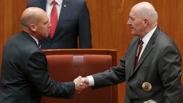 President of the Senate Stephen Parry shakes hands with Governor-General Sir Peter Cosgrove at the opening of the 45th Parliament.