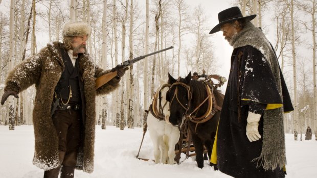 Kurt Russell and Samuel L. Jackson in The Hateful Eight, directed by Quentin Tarantino.