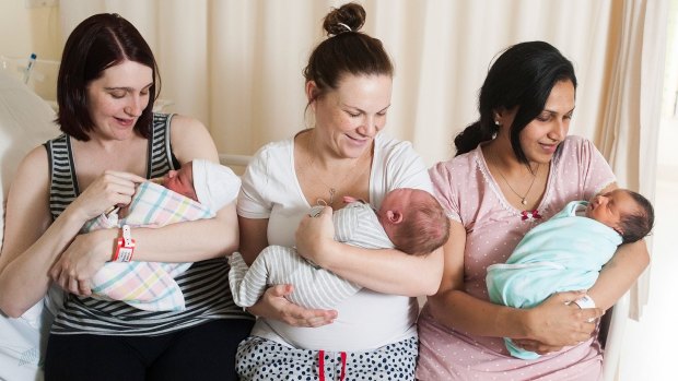 Rachel Teeroovengadum with baby Benaiah, Melissa McClimont with baby William and Hema Selvaratnam with her yet to be named baby.