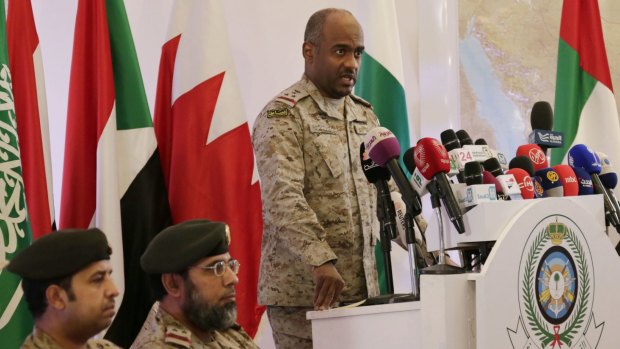 Saudi military spokesman Ahmed Asiri briefs journalists on the Saudi-led coalition's air strikes in the Saudi capital Riyadh.