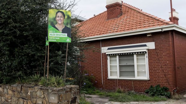 A placard for Batman Greens candidate Alex Bhathal erected by tenants of Labor MP David Feeney's investment property in Northcote.