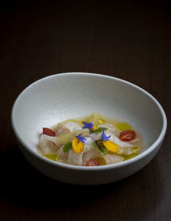 Sea bream crudo, dressed with lime and orange blossom.