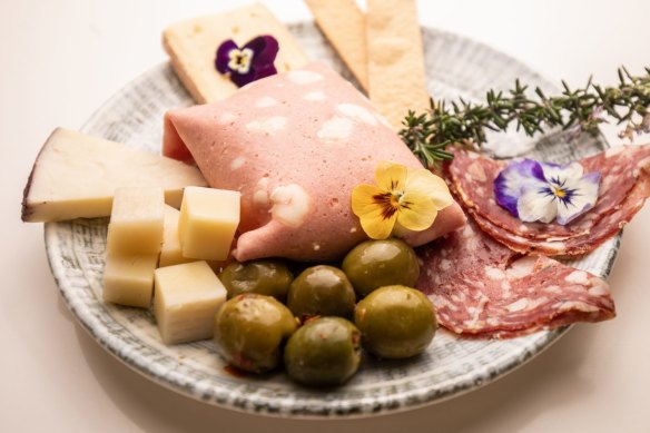 Antipasto for one, with mortadella-wrapped stracciatella (centre).