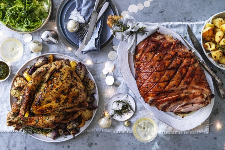 Alison Roman's turkey and Andrew McConnell's spiced maple and amaro glazed ham and duck fat roast potatoes.