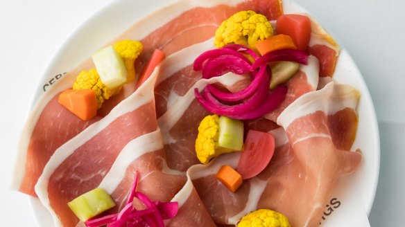 Icebergs' San Daniele prosciutto, pickles and pecorino is one of the dishes heading north to Byron Bay. 