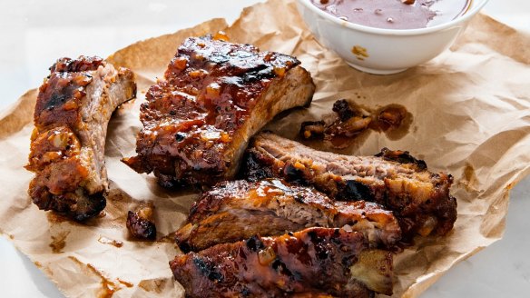 Sticky barbecued baby back ribs.