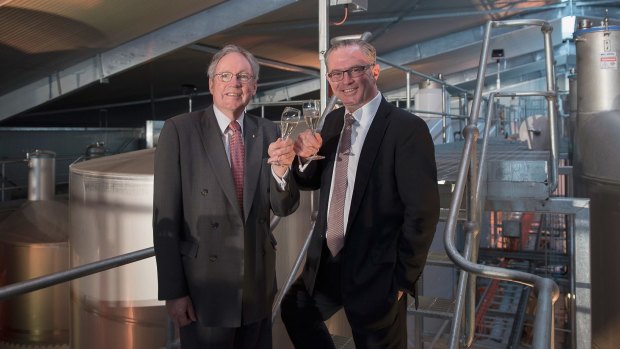 Lion chairman Sir Rod Eddington (left) and chief executive Stuart Irvine at the opening of a new $14 million Petaluma winery in the Adelaide Hills.