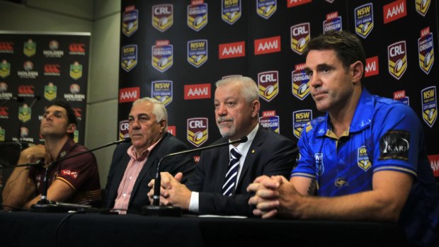 : City coach Brad Fittler (right) with (left to right) Country coach Trent Barratt, chairman of the Country League John Anderson and chairman of City rugby League George Peponis.