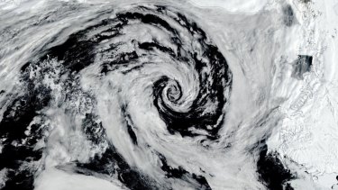 A cyclone spins in the Ross Sea off Antarctica.