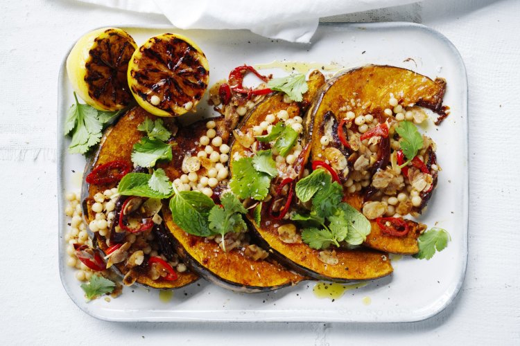 Spiced pumpkin, date, almond and moghrabieh salad.