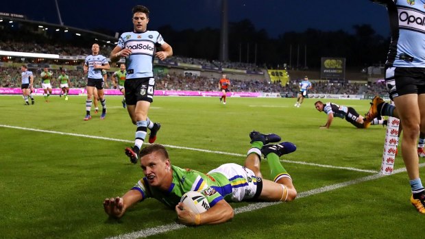 Jack Wighton scores against the Sharks in round two.