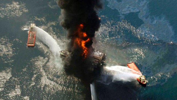 The Deepwater Horizon oil rig burning in 2010 after an explosion in the Gulf of Mexico, off the southeast tip of Louisiana.