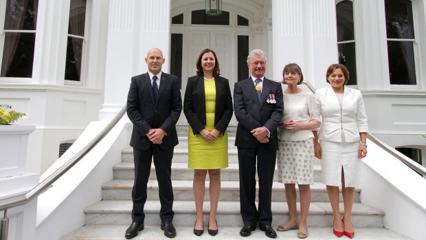 Premier Annastacia Palaszczuk on the front steps of Government House with Treasurer Curtis Pitt, Governor Paul de Jersey and his wife Kaye de Jersey and Deputy Premier Jackie Trad following the swearing-in ceremony.