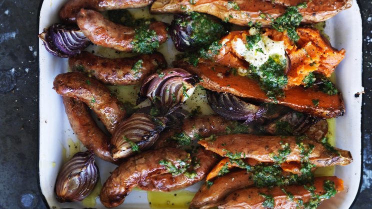 Baked sweet potato and sausages with salsa verde and sour cream -image