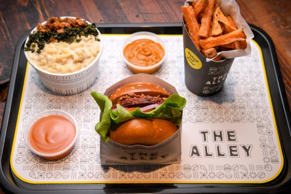 Vegan beet steak burger, fries and macaroni 'cheese' at the Alley.
