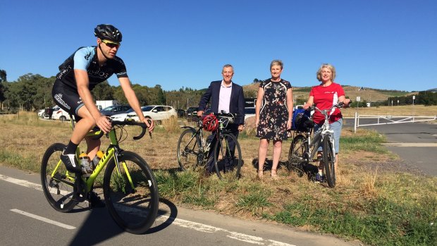 Canberra's first Park and Pedal site launched. Pedal Power ACT's John Armstrong, Bec Cody MLA and Heart Foundation ACT's Anne Kentwell