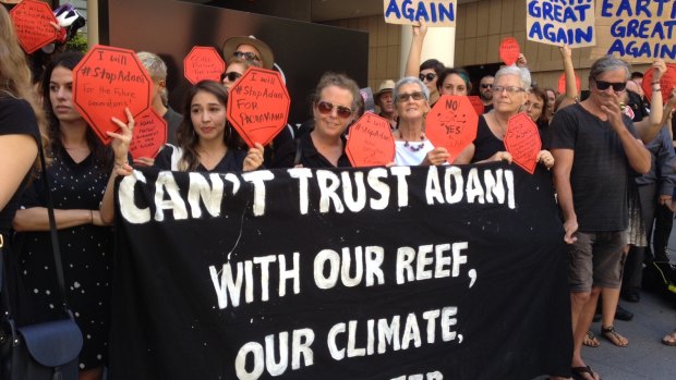 Protesters gathered outside as Adani Mining chief executive Jeyakumar Janakaraj spoke at a business lunch in Brisbane.