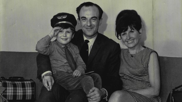 Iveagh Perry Guinness and Daphne Guinness with four-year-old son Rupert at Sydney airport on March 23, 1966.
