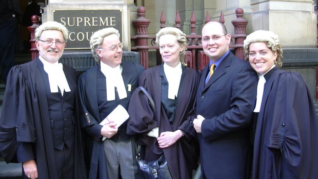Ron Tait, barrister Peter Rosenberg, Francine McNiff, Brett Tait and solicitor Caroline Tait outside Melbourne's Supreme Court for Brett's admission to practice ceremony.