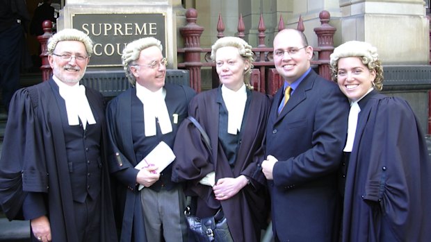 Ron Tait, barrister Peter Rosenberg, Francine McNiff, Brett Tait and solicitor Caroline Tait outside Melbourne's Supreme Court for Brett's admission to practice ceremony.