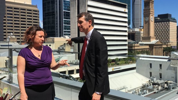 Brisbane's chief digital officer Cat Matson and Lord Mayor Graham Quirk above The Capital, a new start-up incubator on Queen Street Mall.