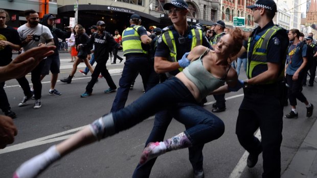 Five people were arrested as police moved to remove the homeless people from Flinders Street.