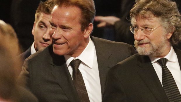 Arnold Schwarzenegger arrives for Muhammad Ali's memorial service.
