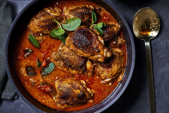 Butter chicken tray bake with white bean mash (top right).