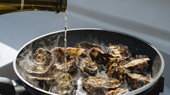 Oysters steamed in Tasmanian sparkling.