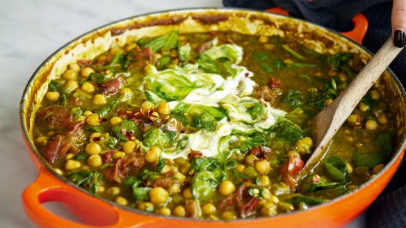 Yoghurt and coconut milk make this spinach and chickpea curry nice and creamy.