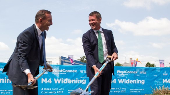 Then-Prime Minister Tony Abbott and NSW Premier Mike Baird at a Westconnex press event in March 2015.