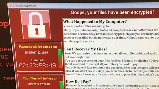 A computer screen shows an error message after Britain's National Health Service was hacked.