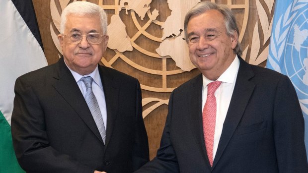 Palestinian President Mahmoud Abbas with United Nations Secretary General Antonio Guterres in September.