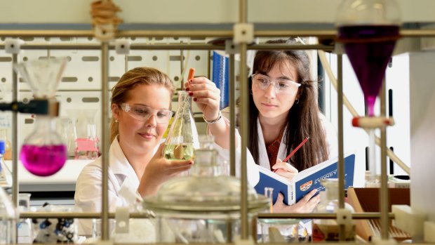 Sydney University students Emma Watson and Vicki Stanojevic. Watson says female researchers are all too aware of the future hurdles they would face in their careers.