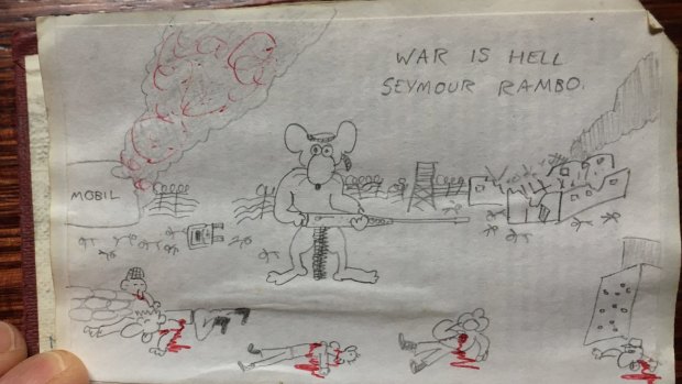 The last drawing of "The Six Million Dollar Mouse", a cartoon Julian Knight drew while a pupil at Melbourne High in 1985. 