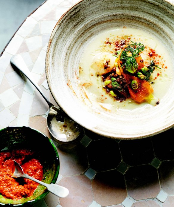 White bean bissara (soup), sweet pickled carrots, lentils and harissa at Maha.