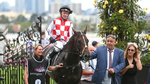 Jockey Stephen Baster, pictured at Flemington aboard Awesome Rock, was successful in Adelaide