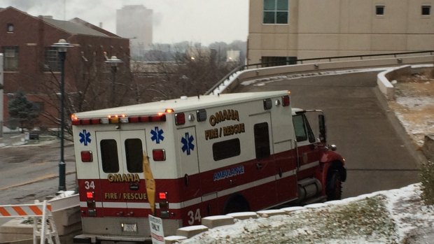 Biocontainment unit: An ambulance takes Ebola patient Martin Salia to the Nebraska Medical Centre in Omaha.