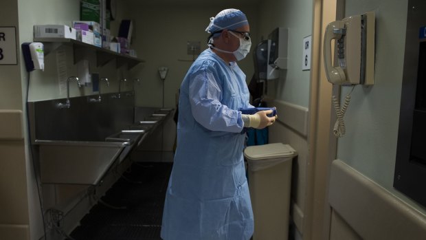 Transplant surgeon Matthew Cooper holds Toni Bandinger's freshly removed kidney.
