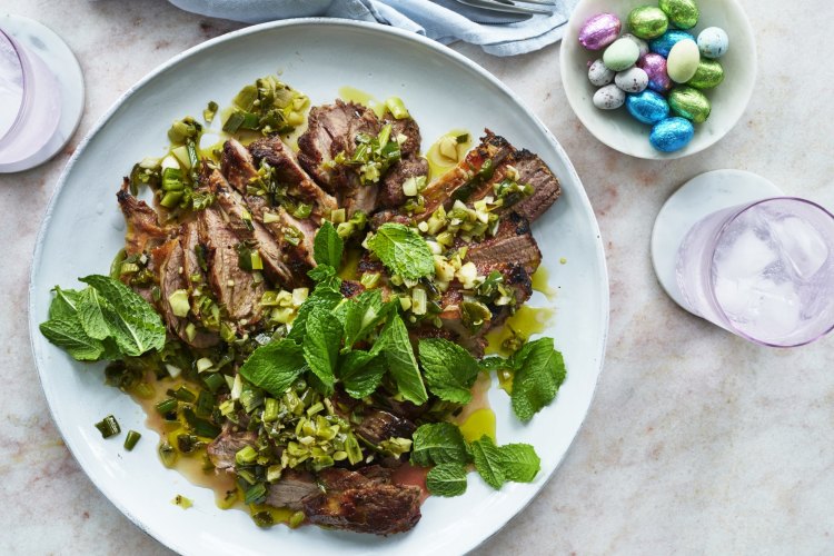 -Barbecued lamb leg with charred onion and mint salsa