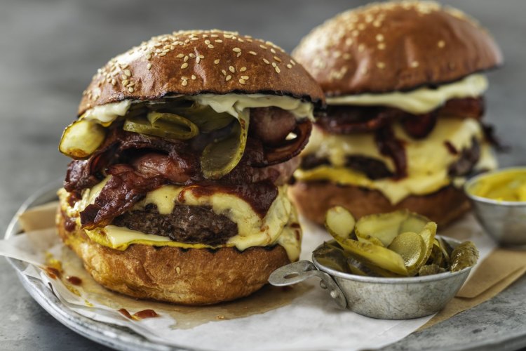 Neil Perry's  American cheese and bacon burger