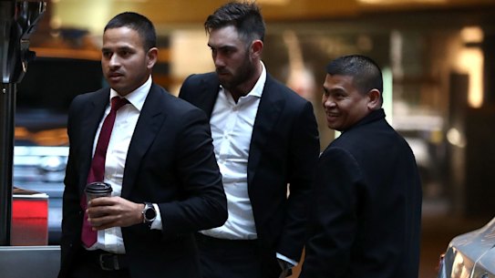 United: Australian cricketers Usman Khawaja and Glenn Maxwell arrive for the emergency meeting.
