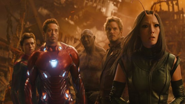 Showdown: Spider-Man (Tom Holland), Iron Man (Robert Downey Jr), Drax (Dave Bautista), Star-Lord (Chris Pratt) and Mantis (Pom Klementieff).