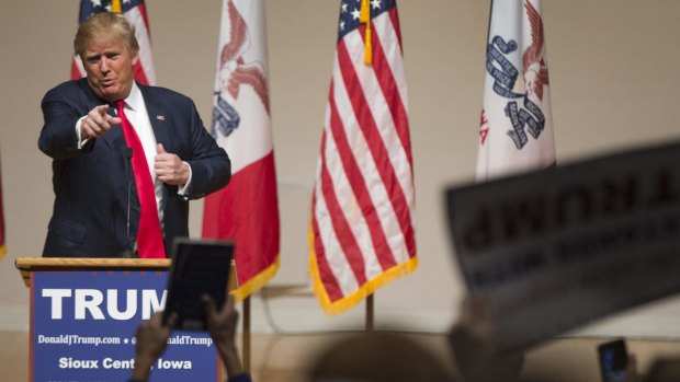 Republican presidential candidate Donald Trump speaks at a campaign rally in Sioux Center, Iowa.