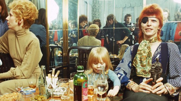 Angie Bowie, Zowie Bowie (Duncan Jones) and David Bowie during a press conference at Amsterdam's Amstel Hotel in February 1974.