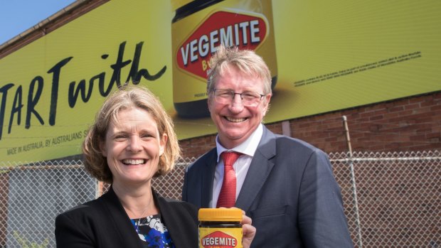Mondelez's Australian vice president Amanda Banfield and Bega Cheese executive chairman Barry Irvin.