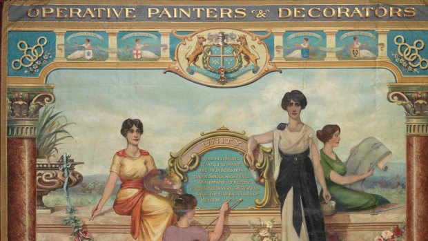 Operative Painters & Decorators Union of Australasia, Victorian Branch, 1915 (detail) oil on silk. Courtesy of Museum Victoria and the Construction, Forestry, Maritime, Mining and Energy Union.