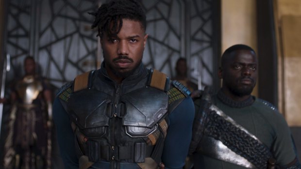 Erik Killmonger (Michael B. Jordan, left) and W'Kabi (Daniel Kaluuya) in <i>Black Panther</i>.