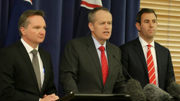 Shadow treasurer Chris Bowen, Opposition Leader Bill Shorten and opposition spokesman Jim Chalmers explain their support for the compromise savings bill on Tuesday.