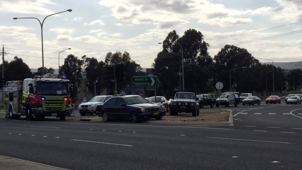 Scenes from a crash at the intersection of Canberra Avenue and Hindmarsh Drive in Fyshwick.